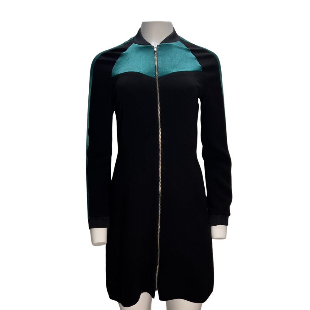 Maje Fitted Bomber Dress In Back And Green